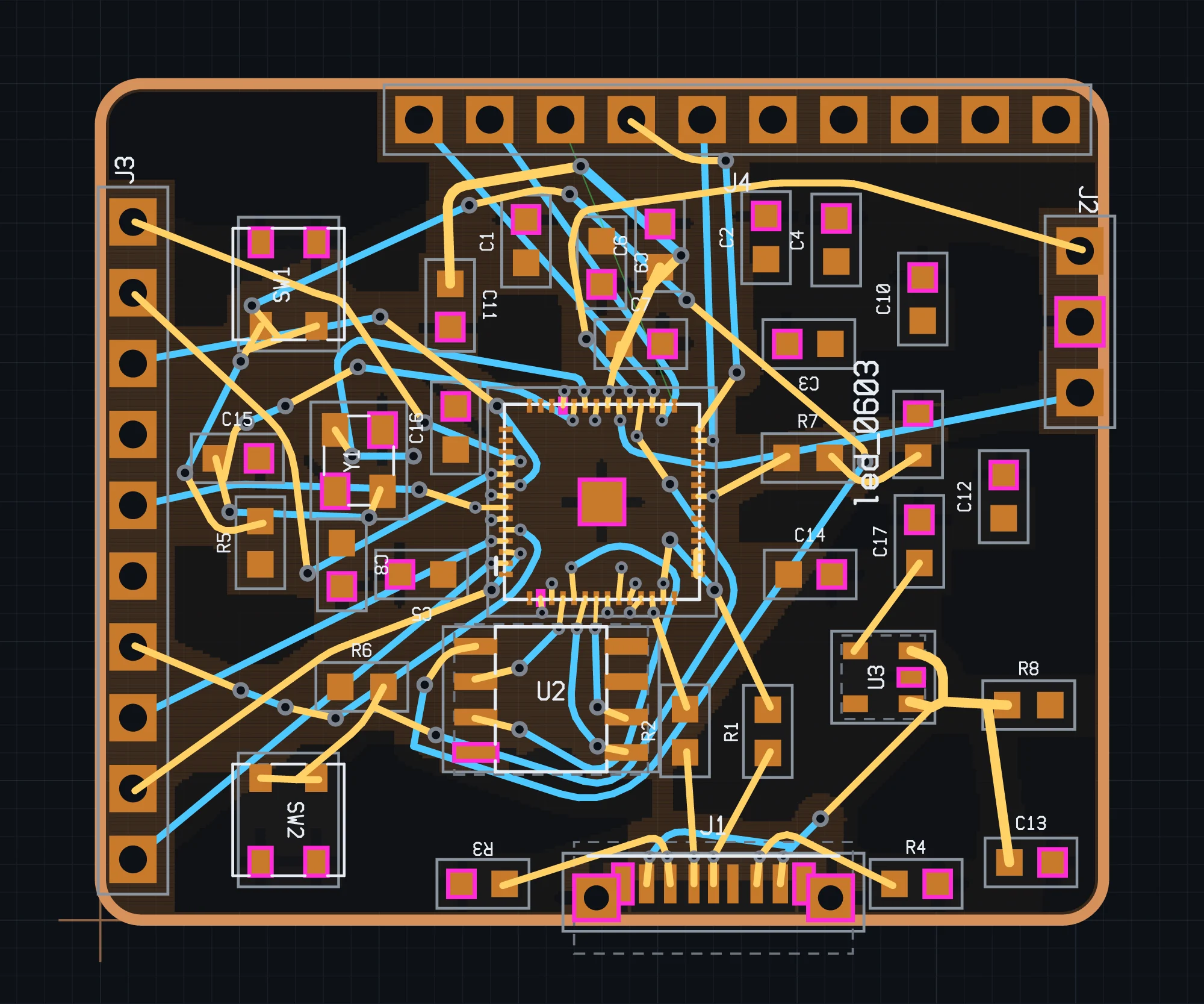 RP2040 minimal board with dense copper routing in Fragua